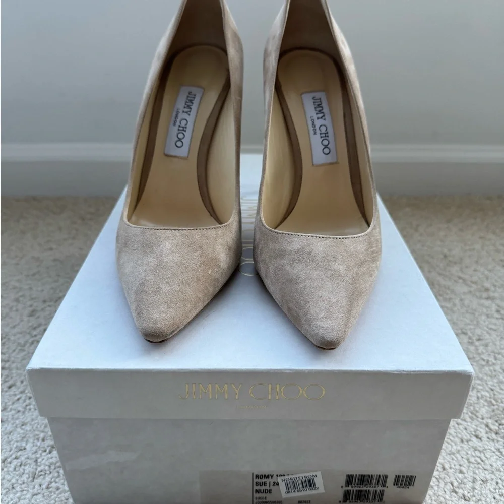 Jimmy Choo Romy 100 Nude Suede Heels - Picture 1 of 7